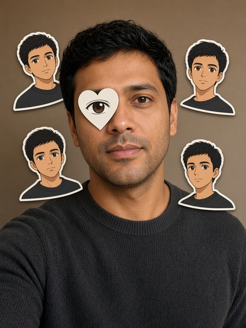 Anime eye trend close-up of the same adult, a heart sticker over one eye, the other eye photoreal, and original anime-twin stickers