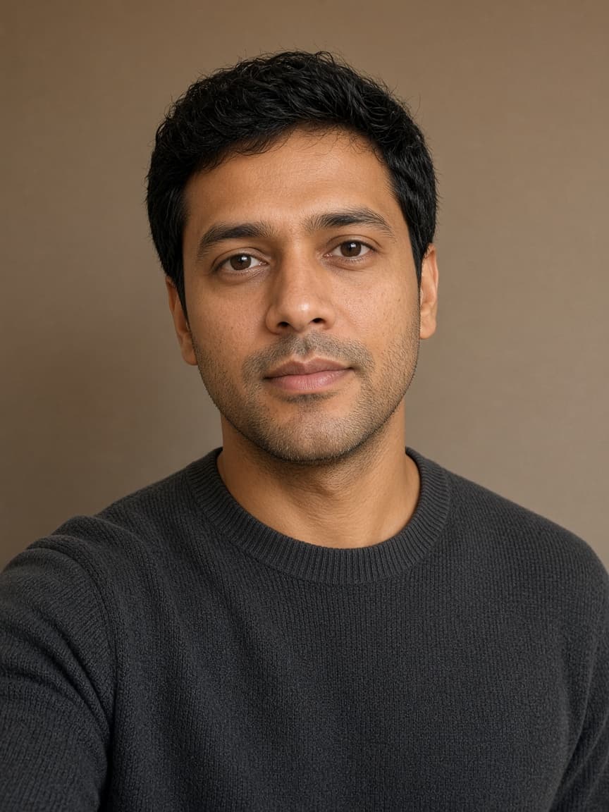 Adult with short black hair in a charcoal sweater before an anime eye trend edit