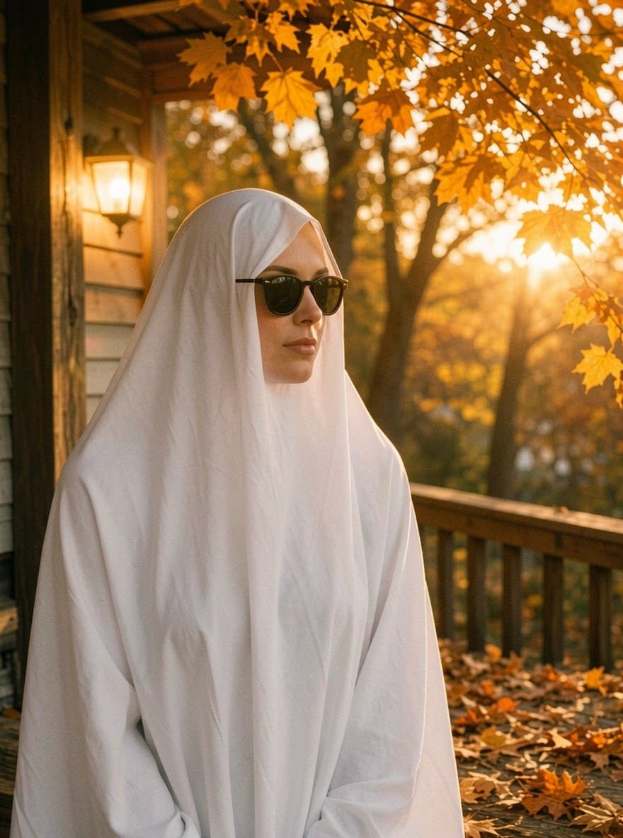 Cozy autumn ghost photoshoot of the same adult in a white sheet on the porch