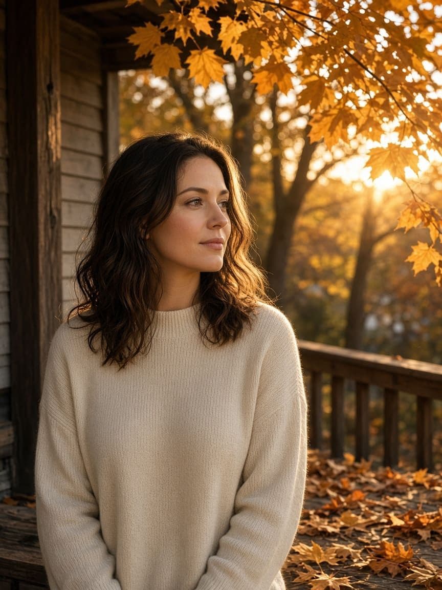 Adult in a cream sweater on an autumn porch before a cozy ghost photoshoot