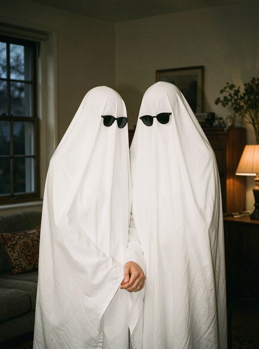 Couple ghost photoshoot with both adults in white sheets and sunglasses
