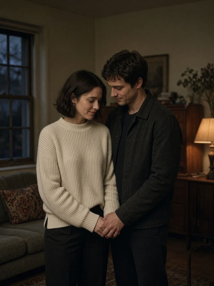 Two adults standing together in a vintage room before a couple ghost photoshoot