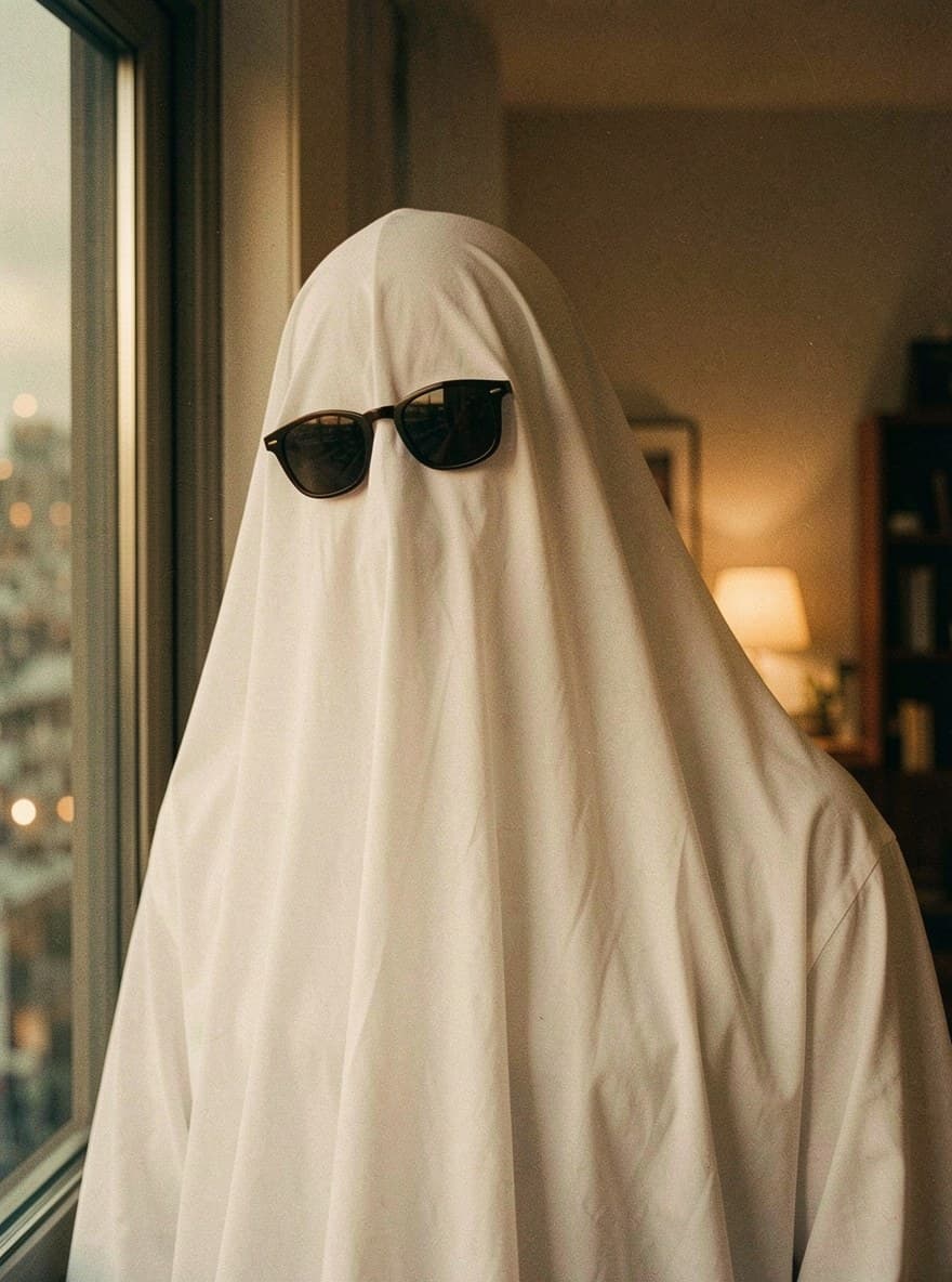 AI ghost photoshoot of the same adult in a white sheet with sunglasses and retro film light