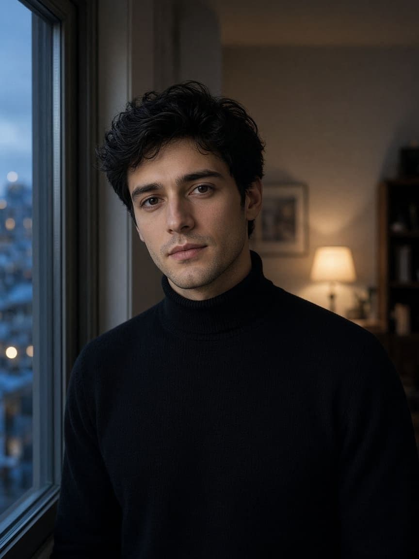 Adult in a black turtleneck by a dusk window before an AI ghost photoshoot edit