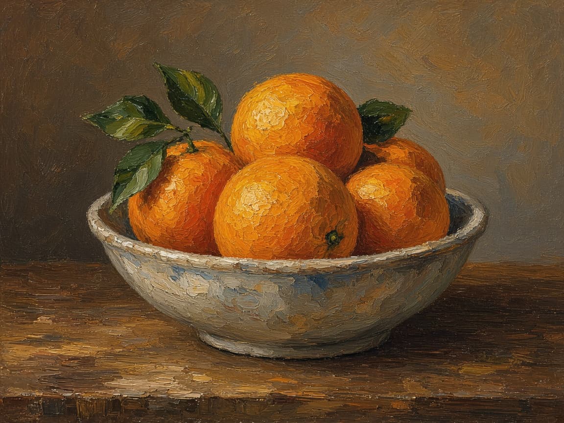 Orange still life after an img to img oil-paint edit