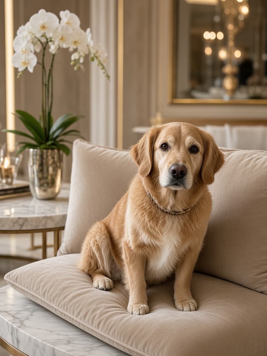 AI vs reality photo of the same dog groomed on a cushion in a marble lounge
