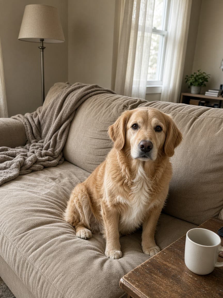 Apricot-gold dog with a white chest on a couch before an AI vs reality photo