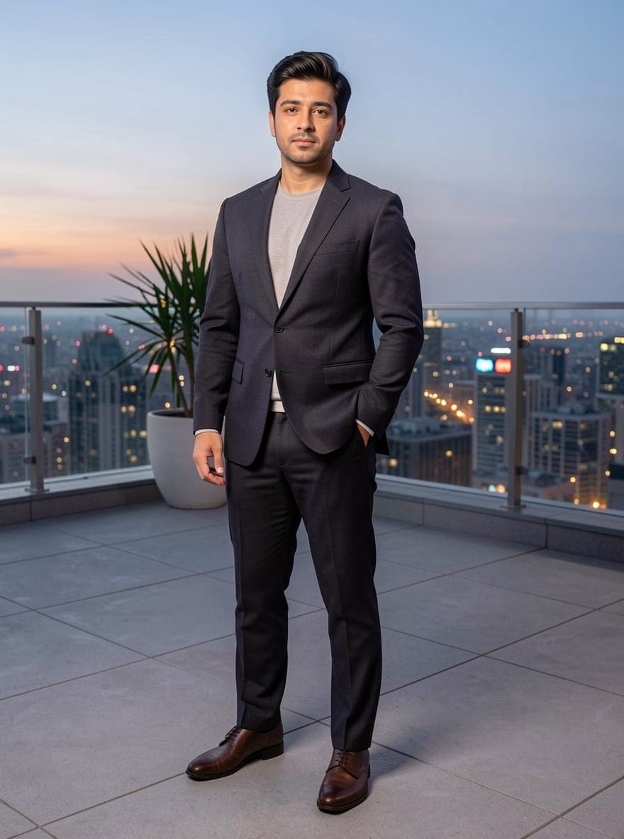 AI vs reality photo of the same adult on a dusk rooftop in a dark tailored layer