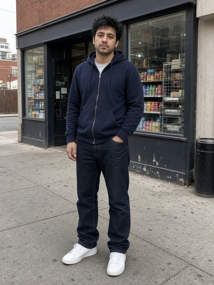 Adult in a navy hoodie on a sidewalk before an AI vs reality photo edit