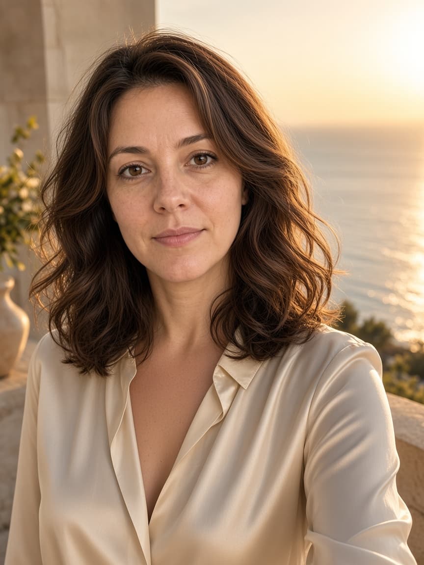 AI vs reality photo of the same adult on a sunlit terrace with salon-finished hair