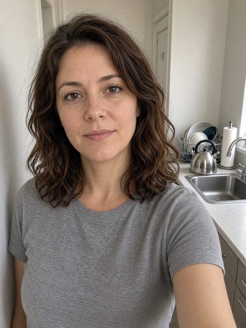 Adult in a gray t-shirt in a narrow kitchen before an AI vs reality photo edit