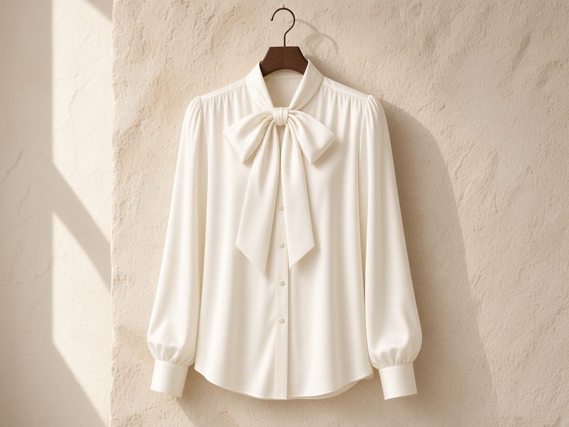 Ivory silk blouse on a walnut hanger before a ghost mannequin edit