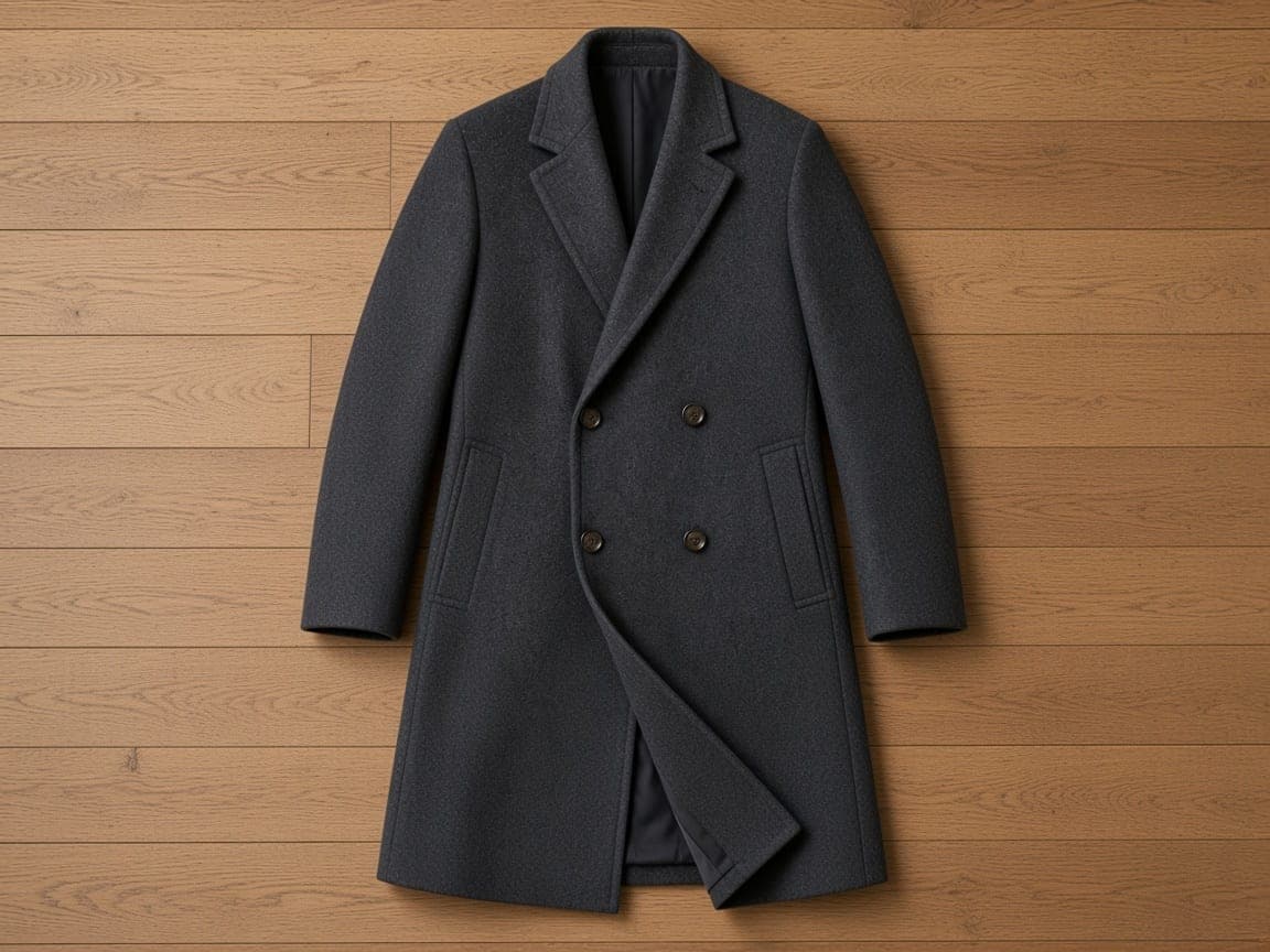 Charcoal wool overcoat in a flat-lay before a ghost mannequin edit