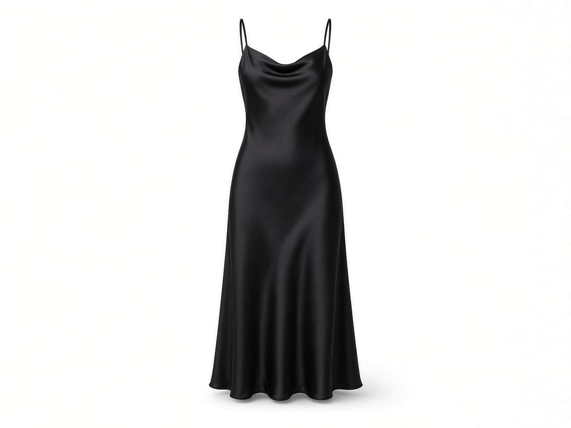 Black silk slip dress as a ghost mannequin catalog shot on white