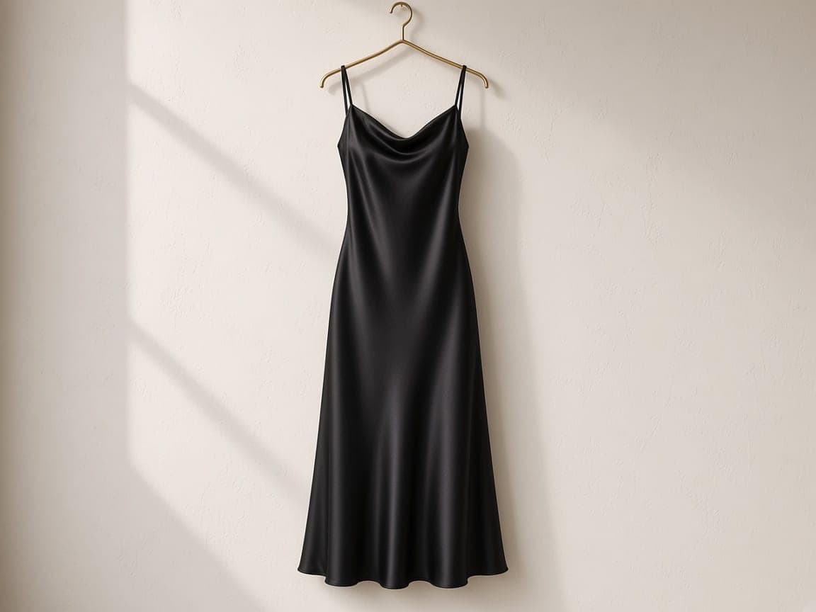 Black silk slip dress on a brass hanger before a ghost mannequin edit